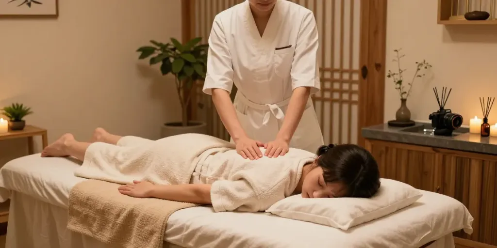 Relaxing 노원출장안마 massage session in a calming wellness retreat with ambient lighting and soothing décor.