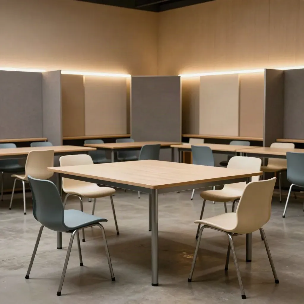 Aula workshop vuota con sedie modulari, tavolo esercizi e pannelli mobili in luce radente.