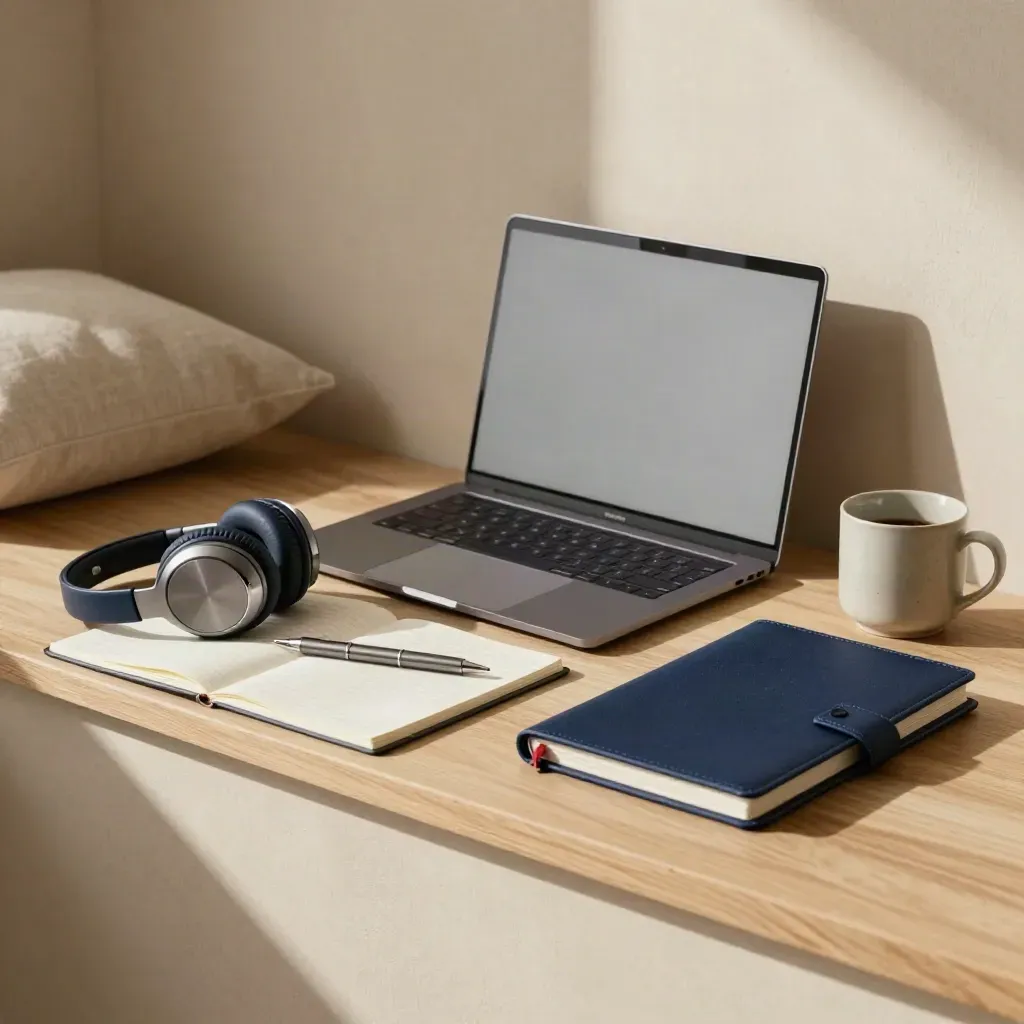 Kit studio luminoso con laptop chiuso, cuffie, taccuino e folio corso su mensola in legno chiaro