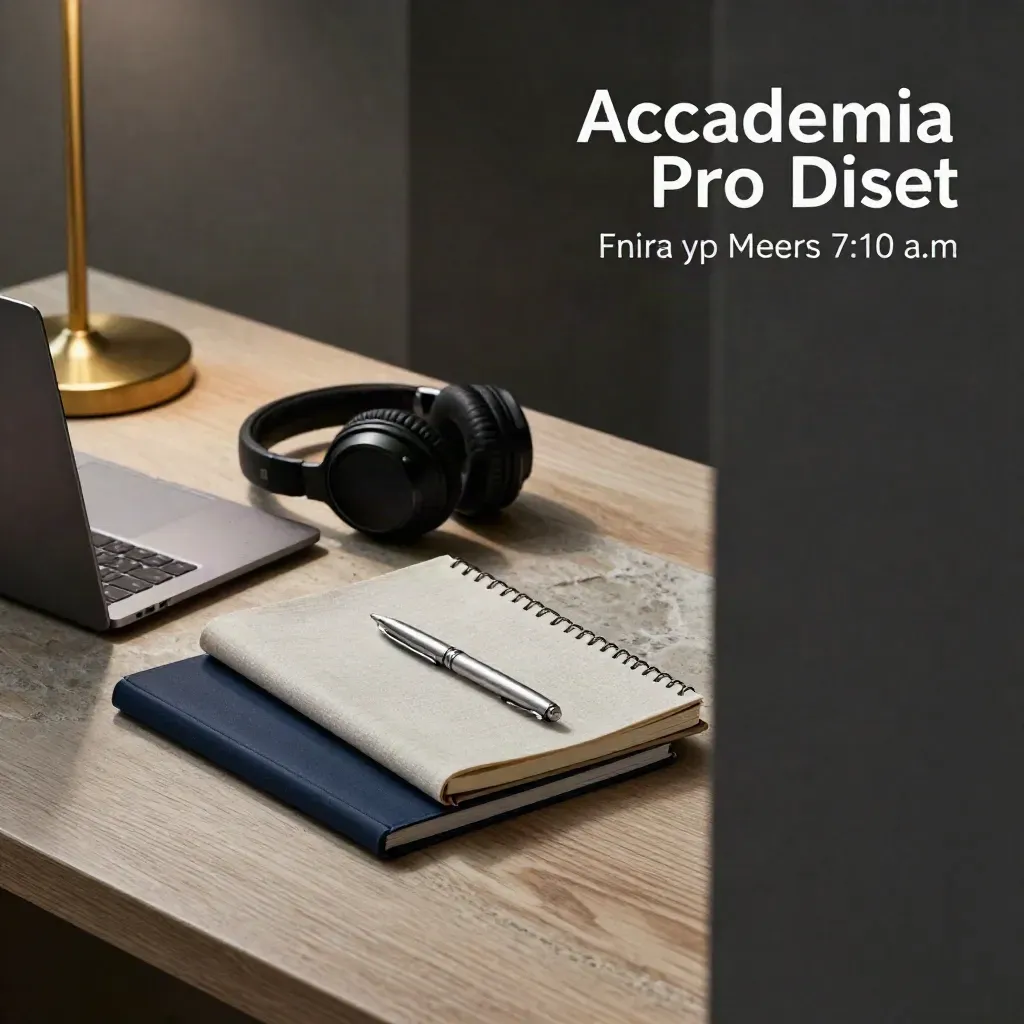 Angolo studio premium con laptop chiuso, cuffie, moduli corso, taccuino e luce radente dopo la pioggia.