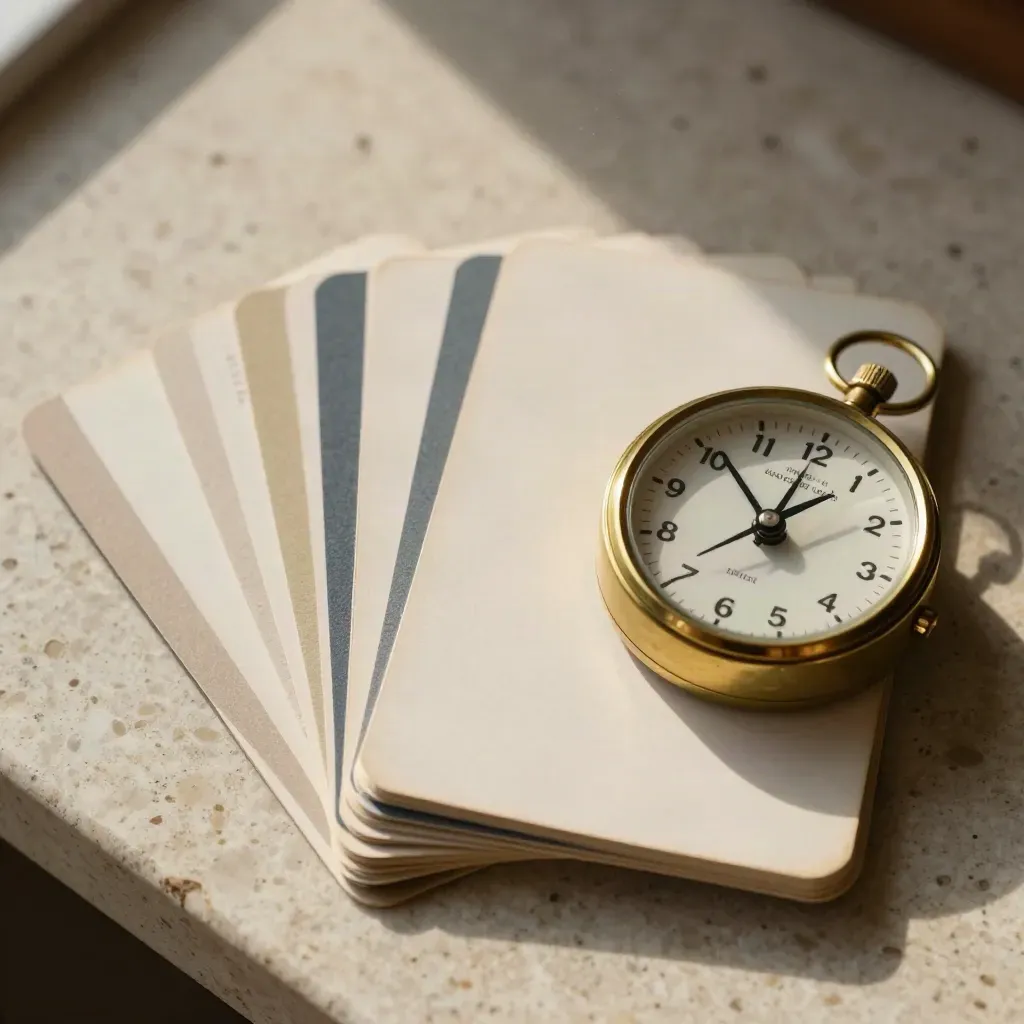 Schede studio, timer analogico e tab di ripasso su pietra chiara