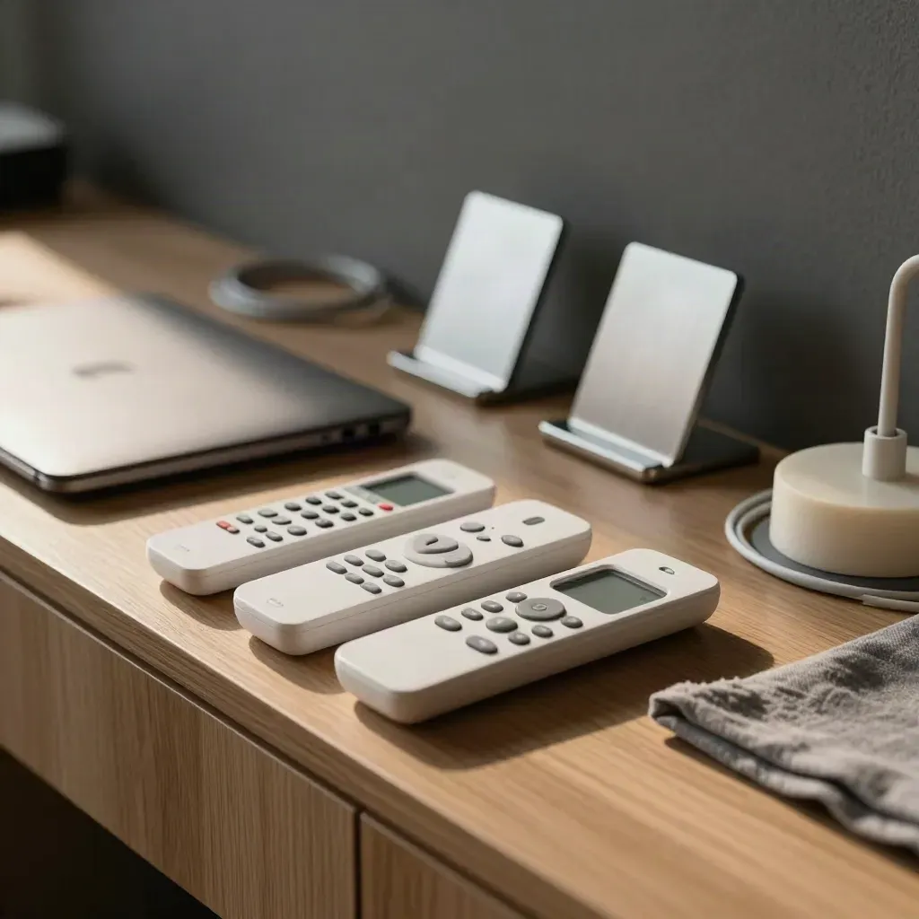 Sala pitch ordinata con telecomandi allineati, laptop chiuso e supporti slide sul legno chiaro