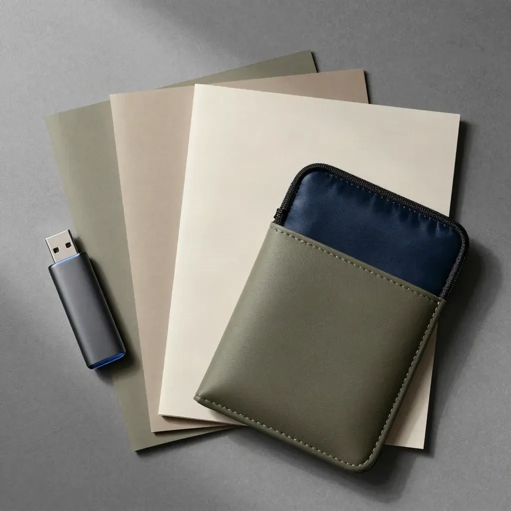 Kit di materiali scaricabili con chiavetta USB e buste archivio su fondo pulito.