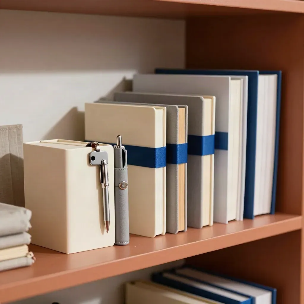 Kit di formazione aziendale allineati su mensola in terracotta, luce naturale calda.