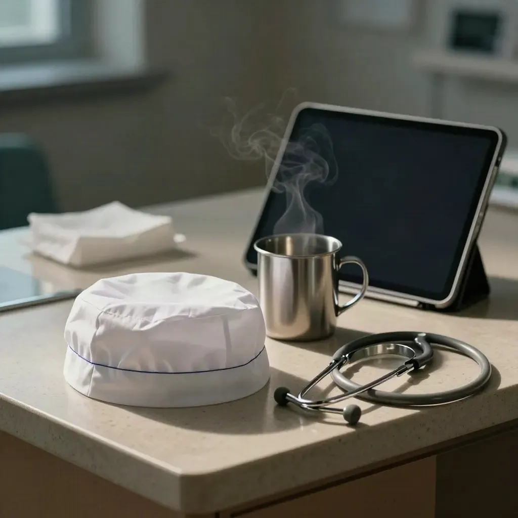 Kit da notte per infermieri con tazza d’acciaio, stetoscopio, cuffia piegata e tablet spento.