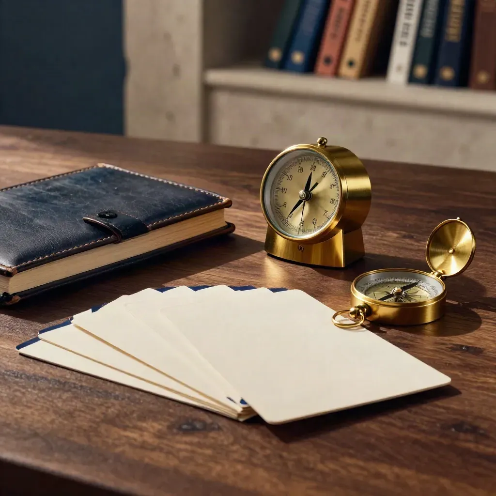 Timer, taccuino in pelle, card guida capovolte e bussola in ottone su superficie elegante