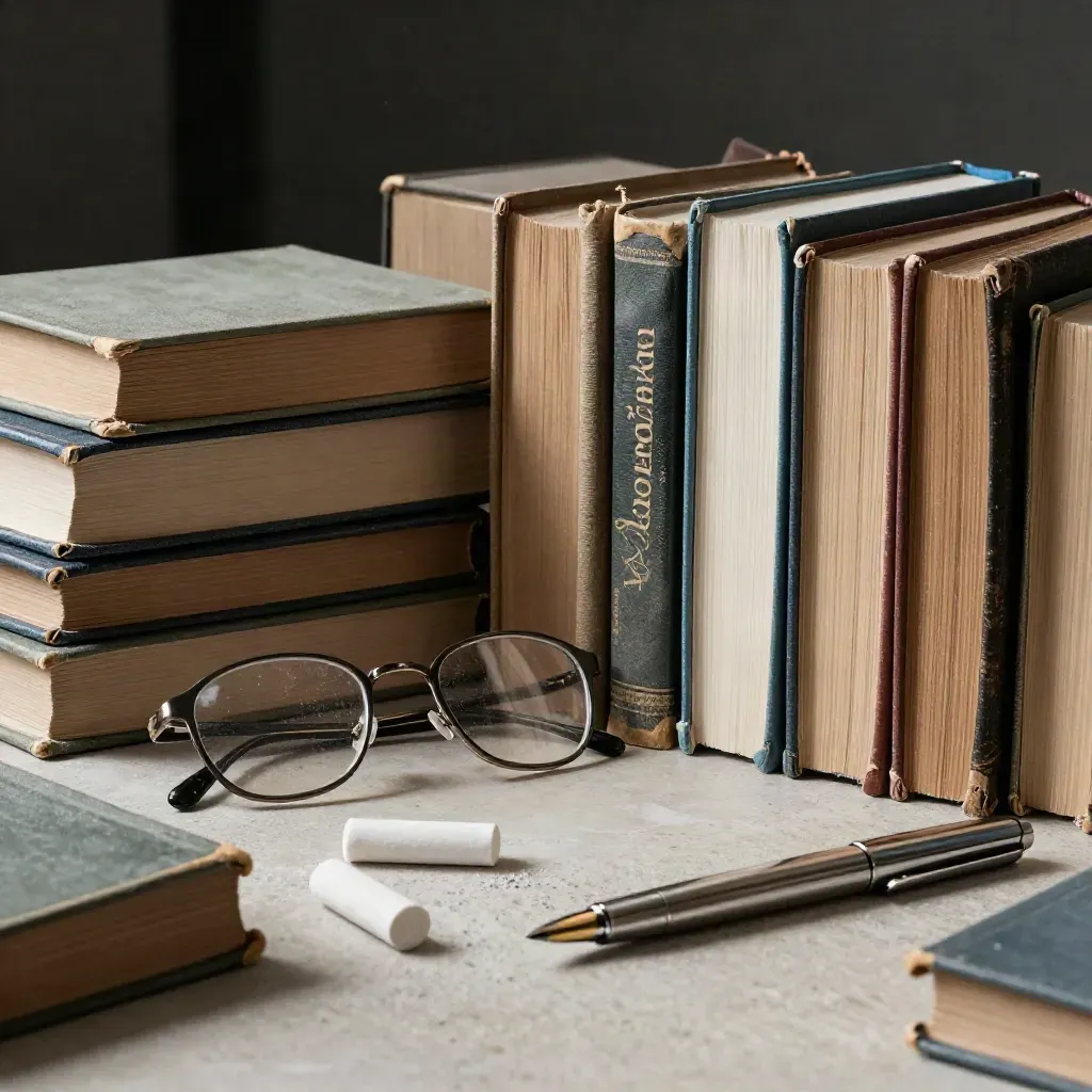 Libri vissuti, occhiali da lettura, gessi e stilografica su pietra chiara, in luce radente.