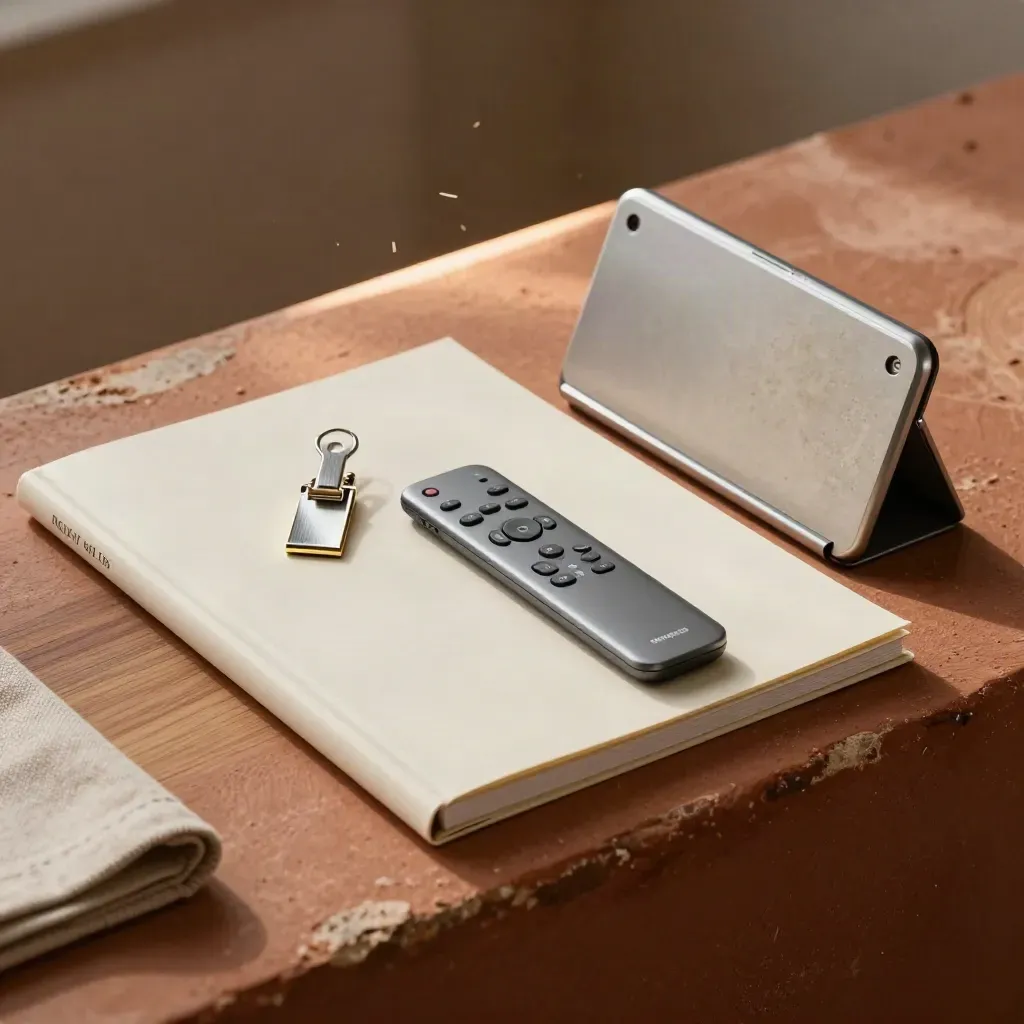 Kit aziendale con clip lanyard, cartella briefing, telecomando e supporto tablet su pietra