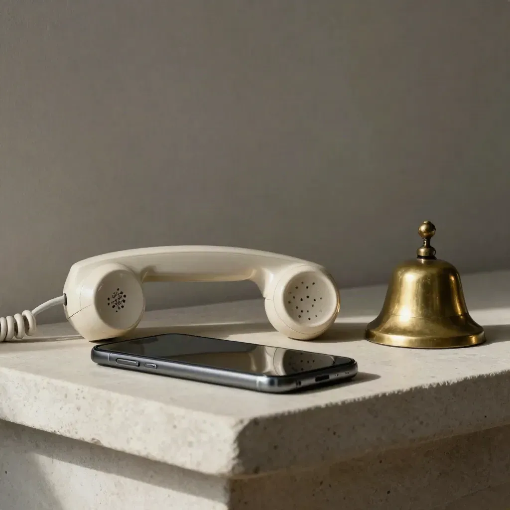 Cornetta, smartphone e campanella su mensola in pietra, luce morbida dall’alto a sinistra.
