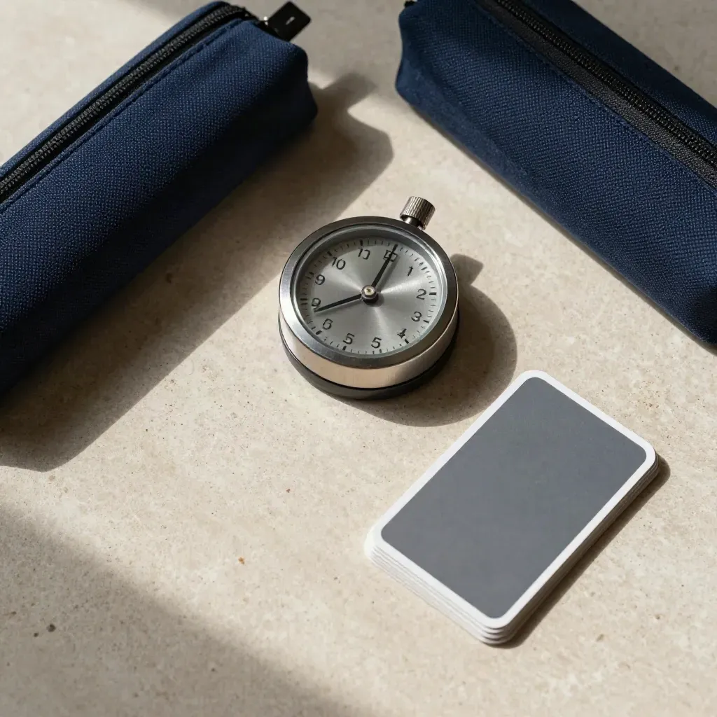 Timer meccanico, custodia matite e card esercizio capovolte su pietra chiara.