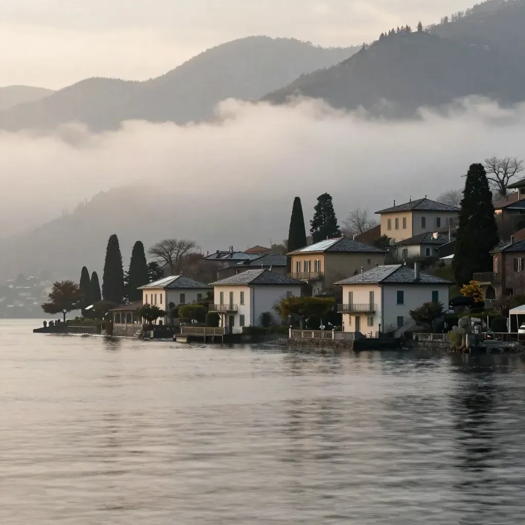 Lago di Como all’alba con ville basse, cipressi e montagne nella nebbia