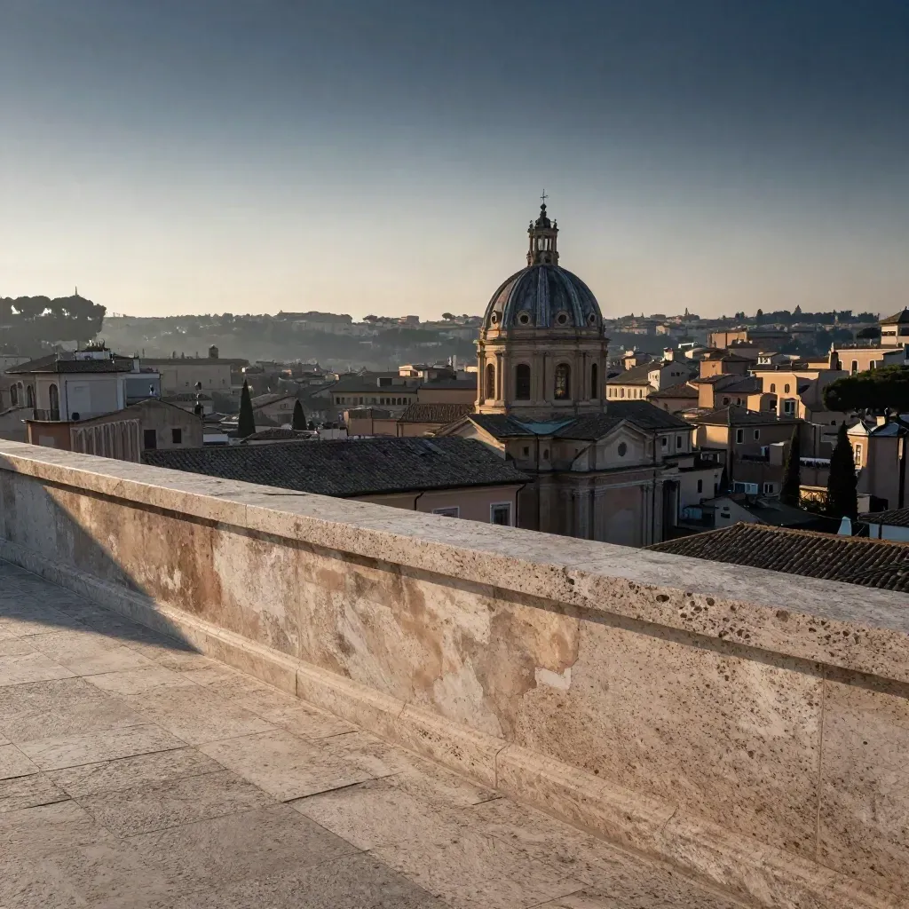Panorama di Lazio con cupole romane e terrazza in travertino, luce calda del tardo pomeriggio