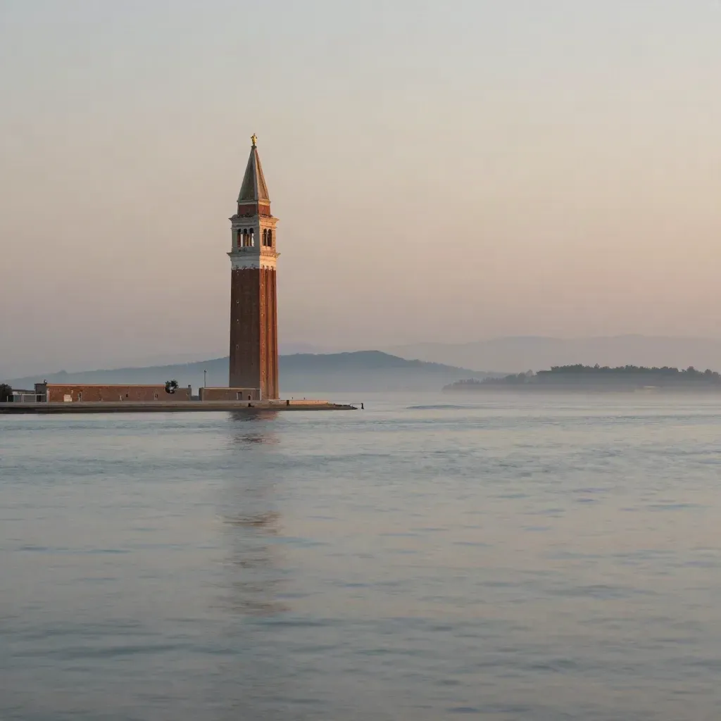 Campanile solitario nella laguna veneziana con acqua calma e foschia dorata.