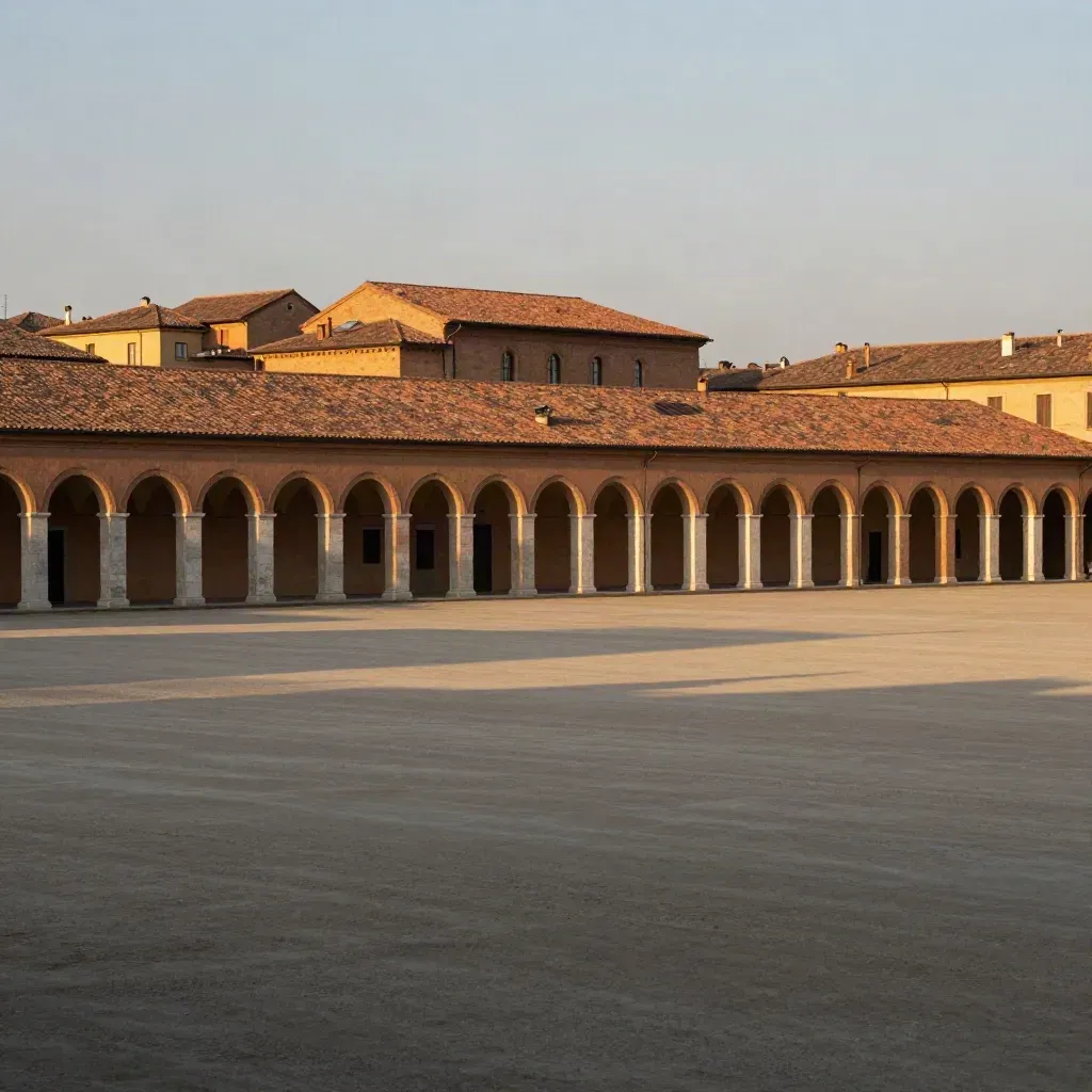 Veduta di Bologna e colline emiliane con portici e tetti rossi, luce dorata.