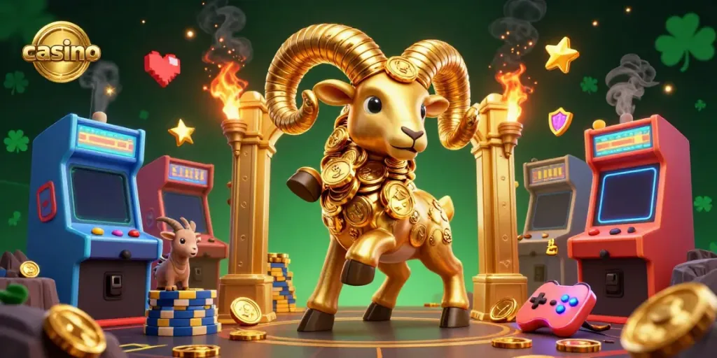 Engaging casino scene featuring a golden ram charging at a gate amidst colorful gaming elements.