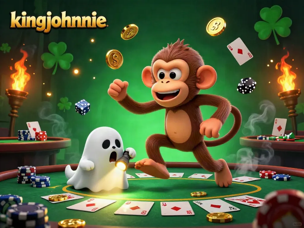 Engage with the exciting world of kingjohnnie video poker, featuring a playful ghost juggling casino elements.