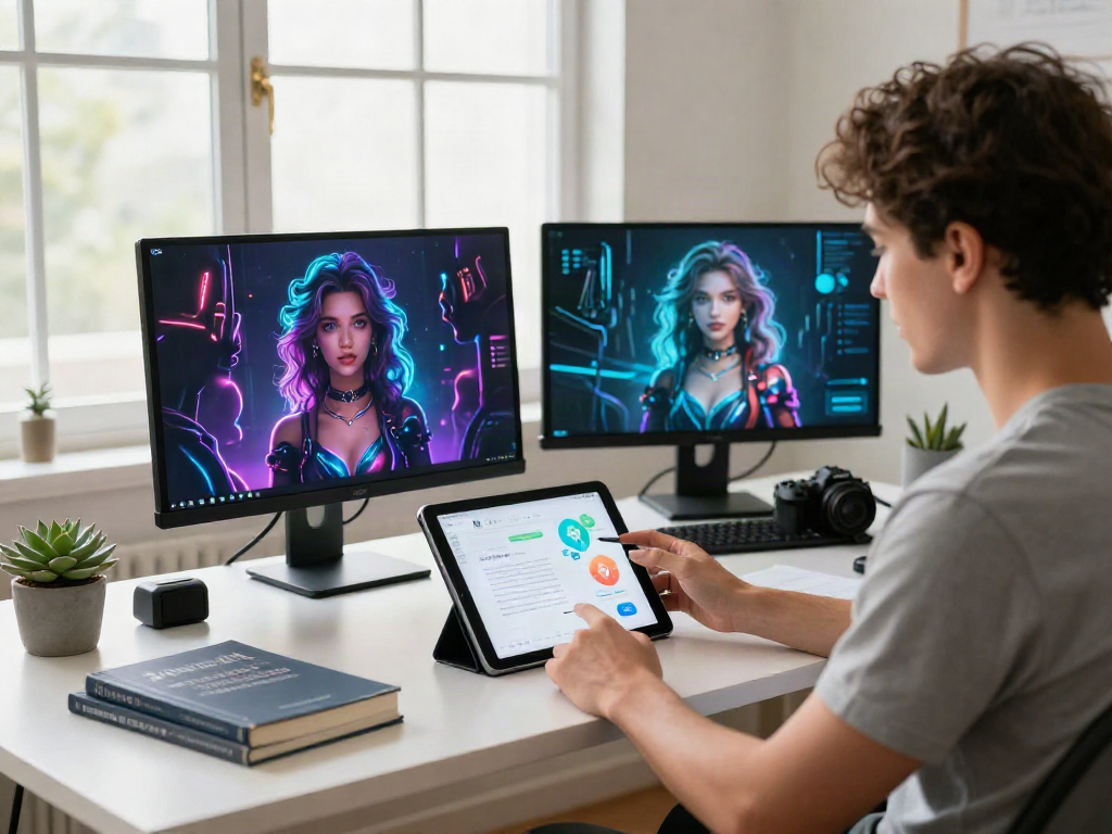 User engaging with AI gf application on tablet in modern tech workspace, showcasing vibrant visuals and personal connection.