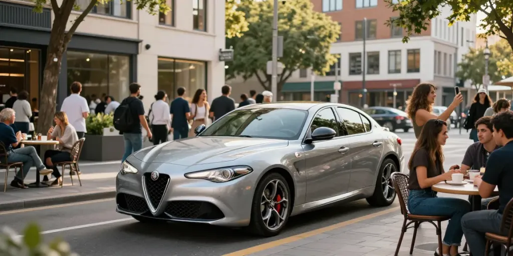 Scena di noleggio lungo termine Alfa Romeo in un vivace contesto urbano, con persone che ammirano l'auto.
