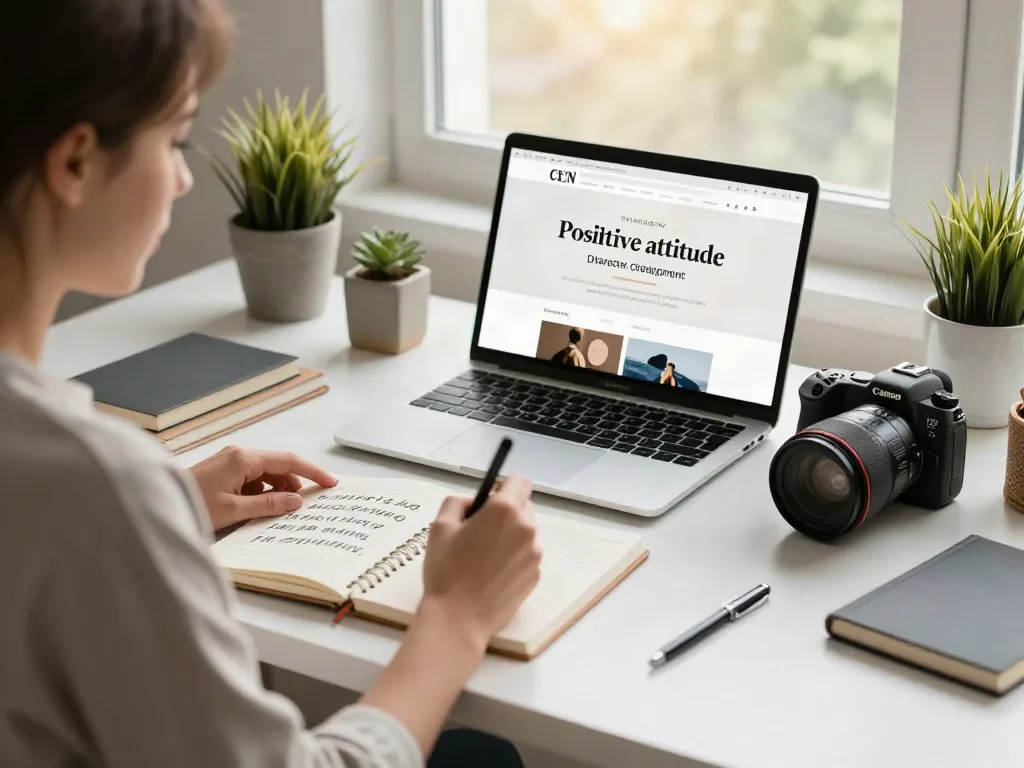 Workspace promoting positive attitude with rokok88 login webpage, encouraging personal growth.