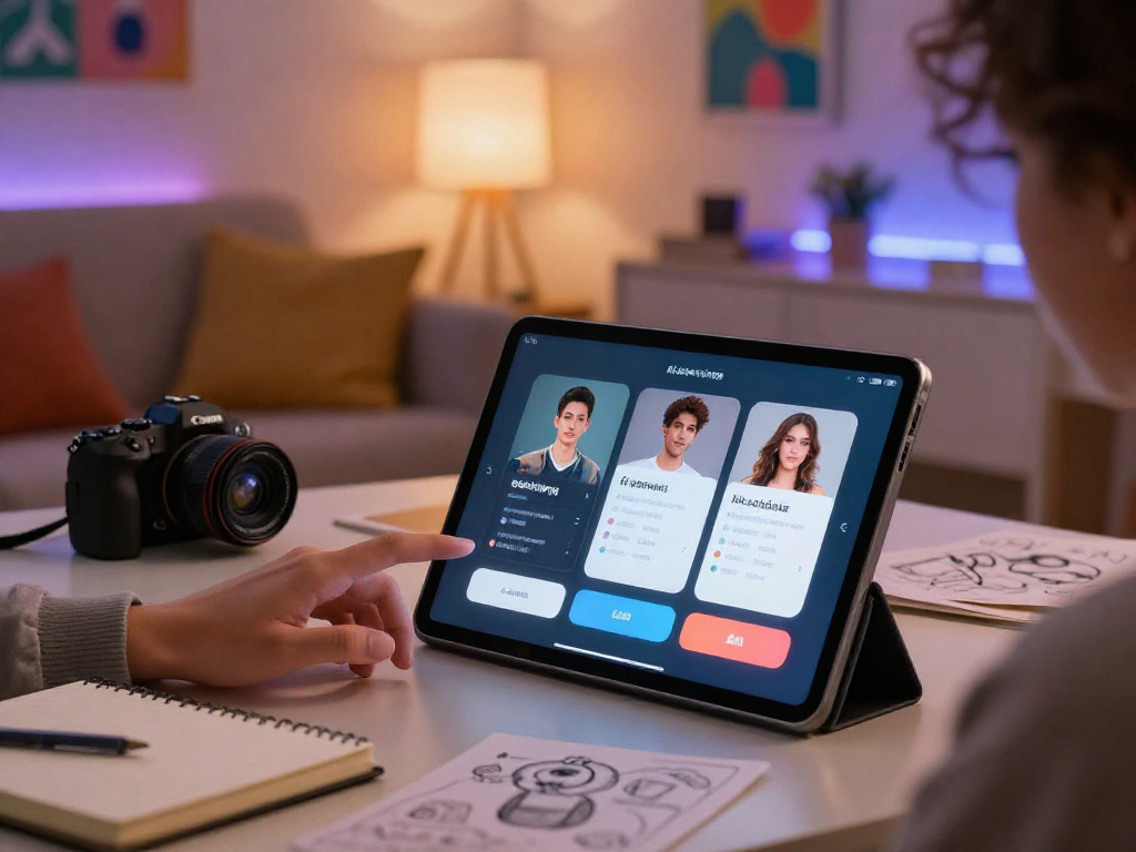 Engaging in ai sex chat on a tablet in a cozy setting, showcasing digital interaction experience.