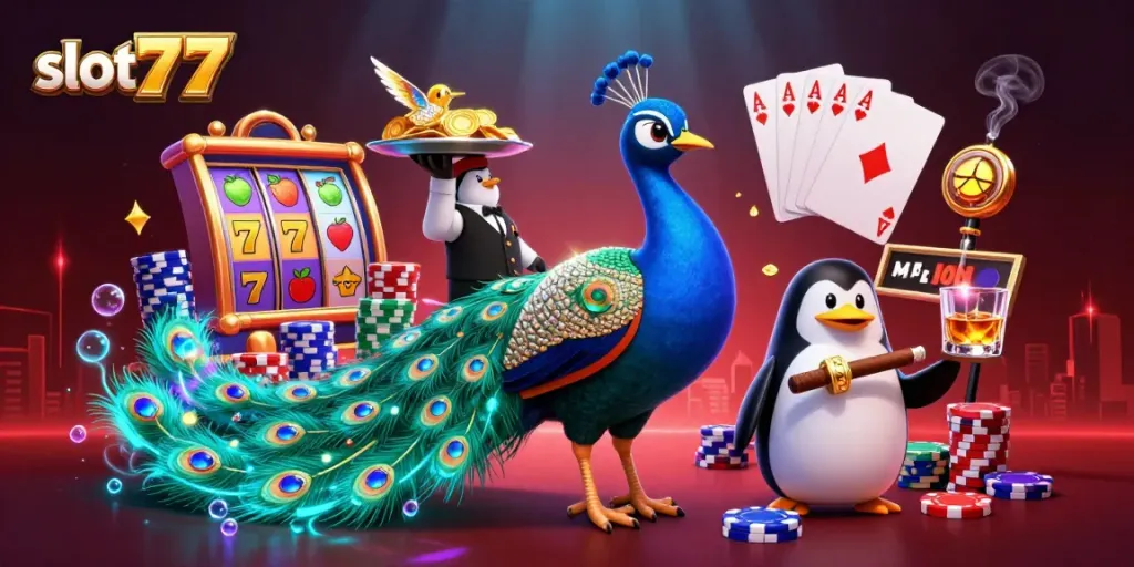 Play slot777 with exciting reels and characters in a vibrant casino scene.