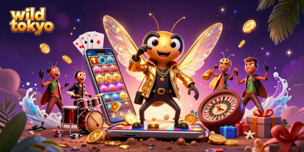 Experience wild tokyo with this vibrant 3D casino scene featuring a rock star cicada and thrilling gaming elements.