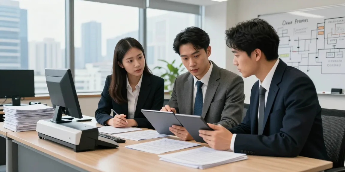 Document fraud detection team reviewing papers and digital verification tools in a modern office.