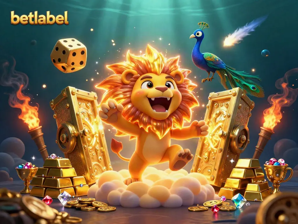 Engage with betlabel's thrilling gaming world as a lion roars atop golden clouds amidst dazzling treasures.