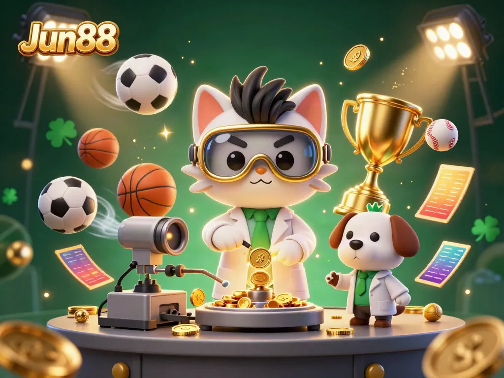 Join the Jun88 experience with a lively illustration of a mad scientist cat and lab assistant dog amidst sports-themed betting excitement.