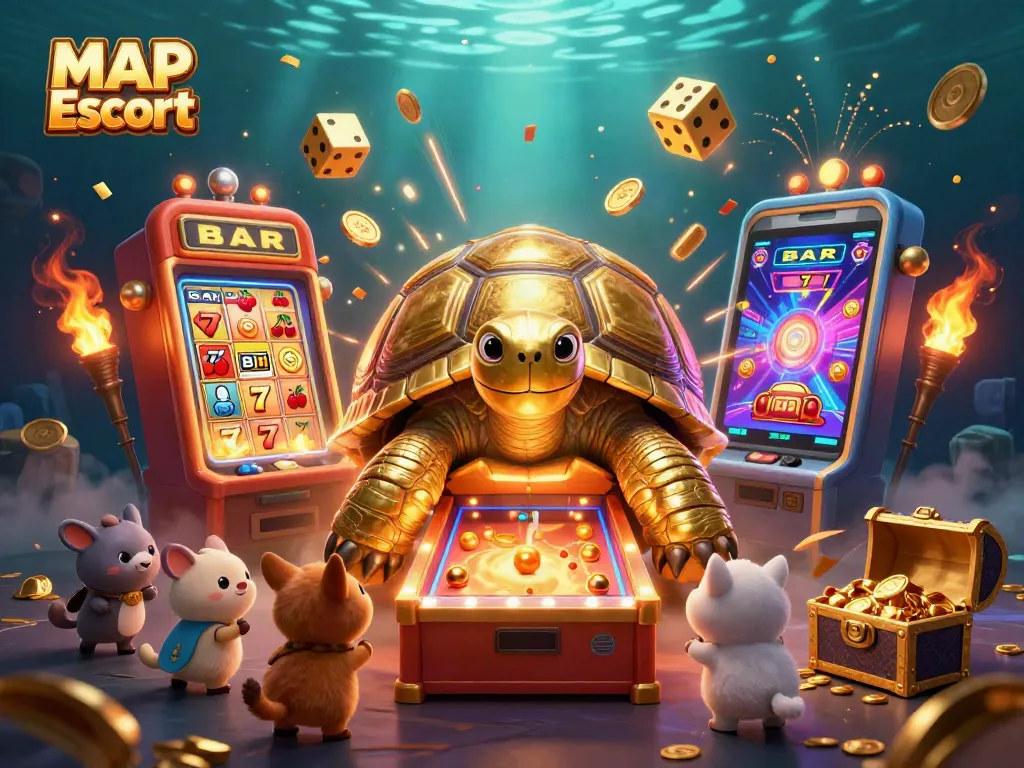Engage in vibrant MAP Escort actions with a golden tortoise pinball scene bursting with joyful casino elements.