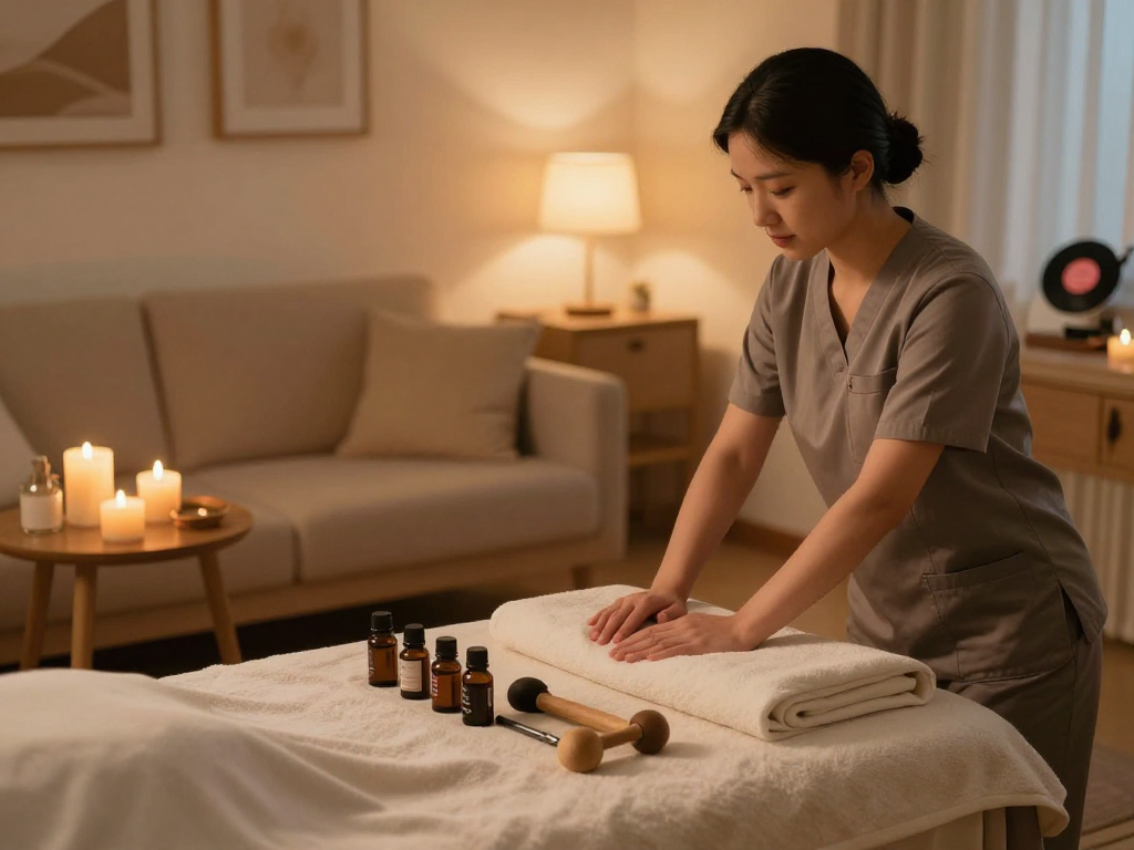 Experience a serene 출장마사지 in a cozy home environment with relaxing elements.
